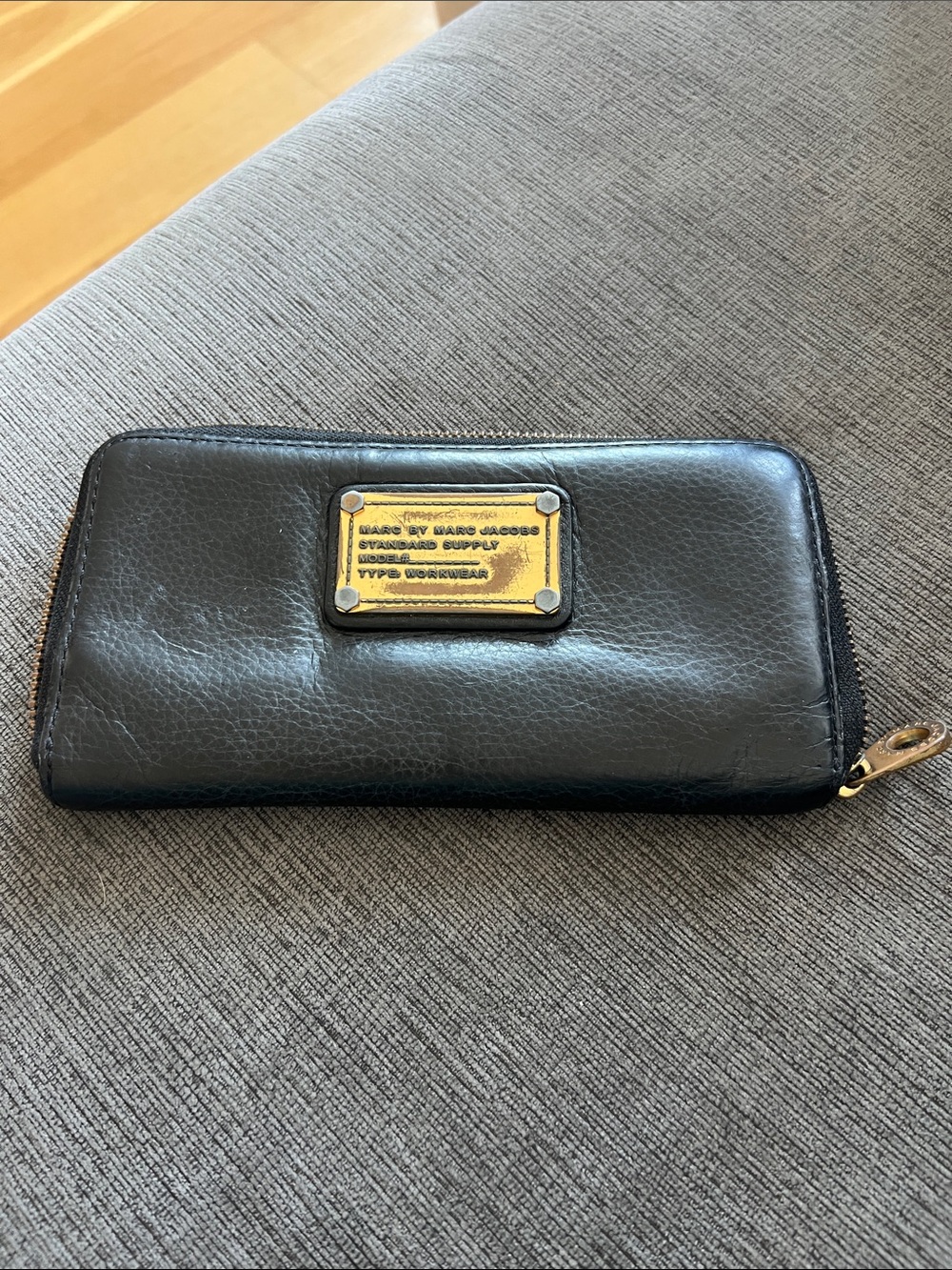 Marc by Marc Jacobs Black Leather Zip-Around Wallet with Gold Plaque